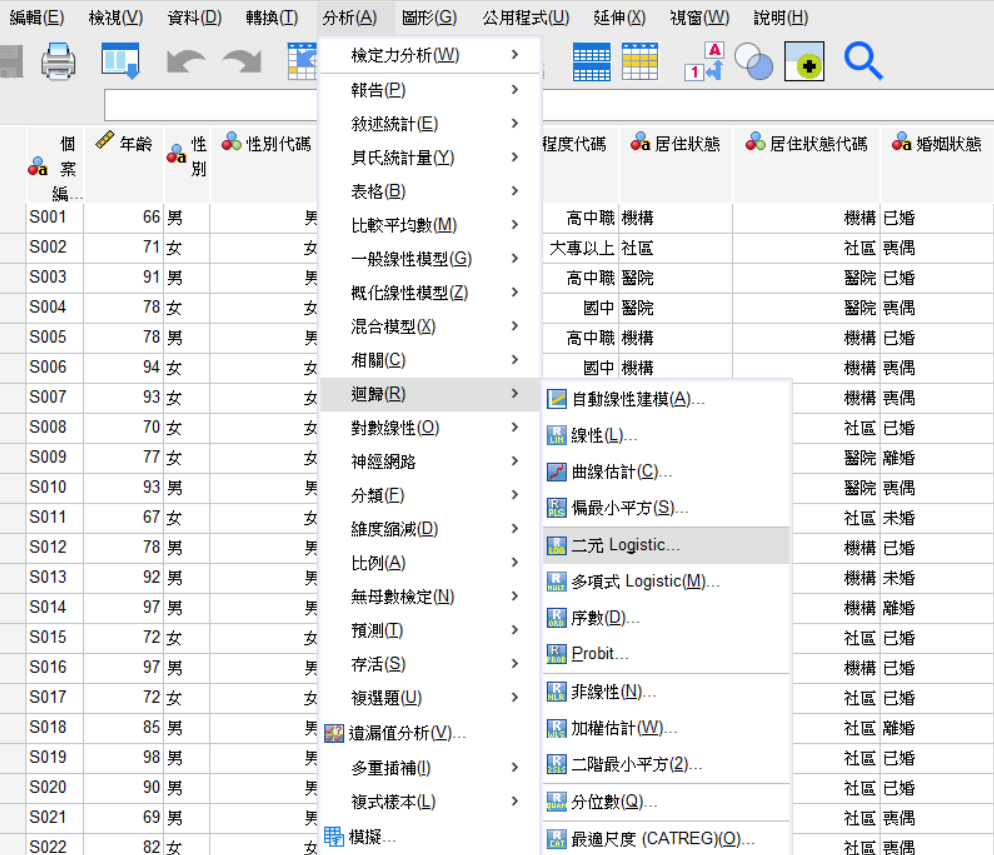 SPSS 選單：分析 → 迴歸 → 二元 Logistic